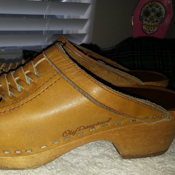 Vintage 1980s Olof Daughters Swedish Clogs Leather and Wood - Picture 8 of 14